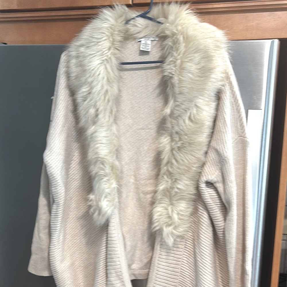 Liz Claiborne Cream Cardigan With Removeable Faux Fur Trim